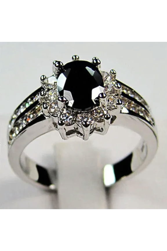Fashion Cubic Zirconia Engagement Ring Silver Plated Band Women Party Wife Gift-6-# Black