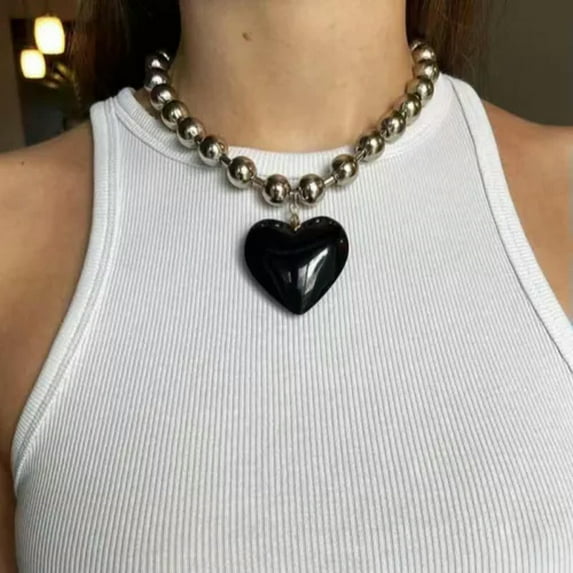K-KED Fashion Love Heart Necklace Big Glass Heart Pendant Necklace Choker Neck Chain-Black