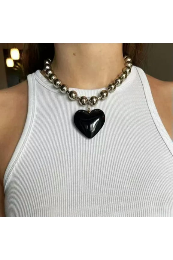 Fashion Love Heart Necklace Big Glass Heart Pendant Necklace Choker Neck Chain-Black