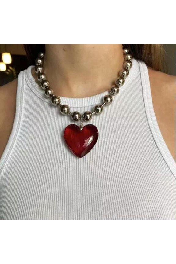 Fashion Love Heart Necklace Big Glass Heart Pendant Necklace Choker Neck Chain-Red