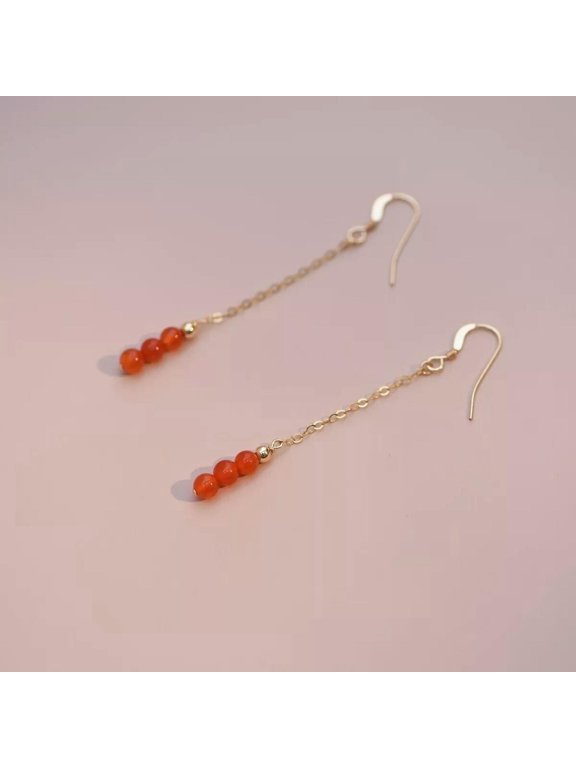 Fashion Natural 6mm Red Carnelian Round Beads Chain Hook Earrings Gift