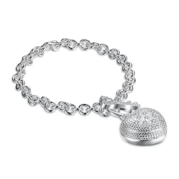 K-KED Fashion Rhinestone Heart Shape And Key 925 Sterling Silver Bracelet Chain-20cm