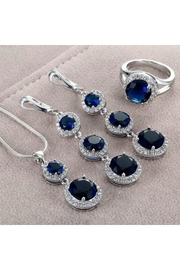 Fashion Silver Plated Teardrop Cubic Zircon Delicate Jewelry Set Ring Earrings Necklace-2# Sapphire Round-9