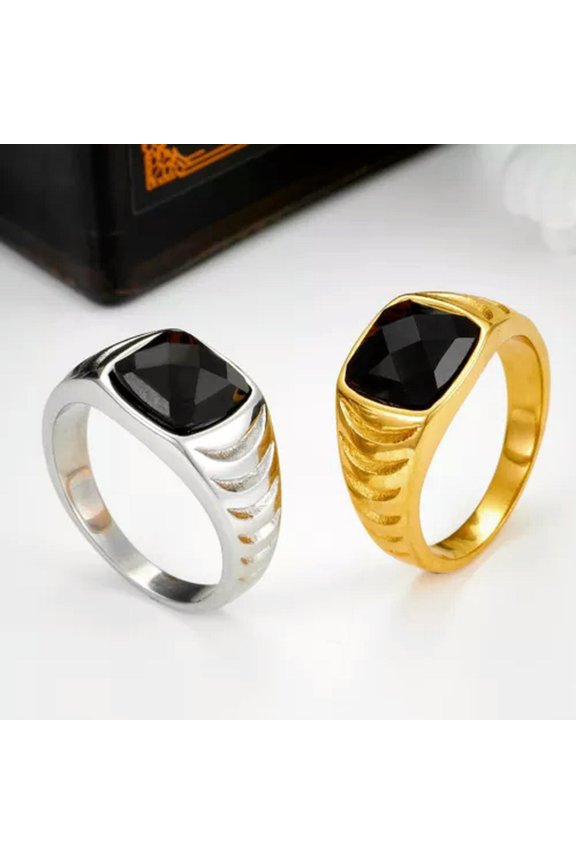Fashion Simple Cold Wind Black Gemstones Stainless Steel Rings Size 7-11