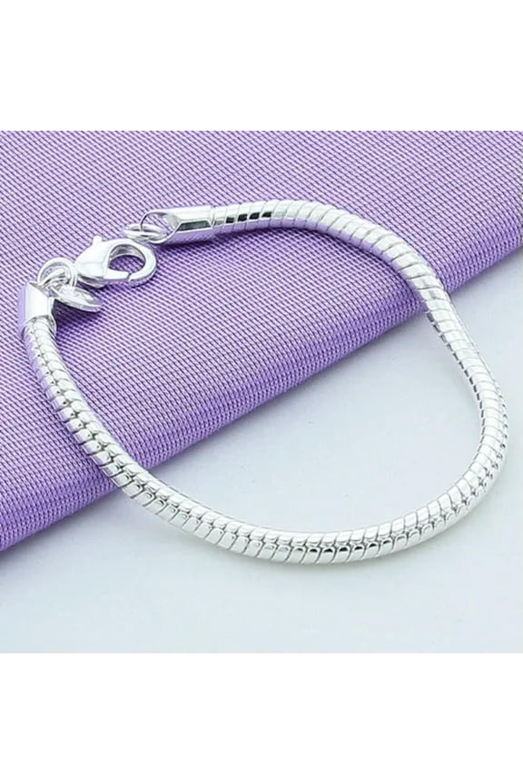 Fashion Simple Silver 925 Charm Round Snake Chain Bracelet Men Ladies-20cm-4MM