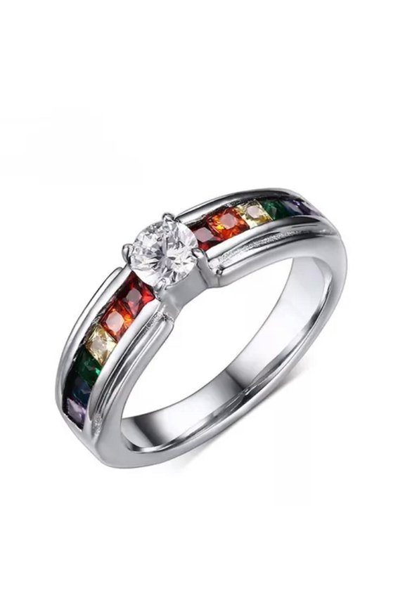 Fashion Six Color Accessories With Zircon Stainless Steel Rainbow Color Rings