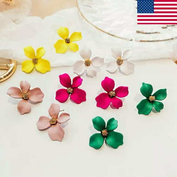 K-KED Fashion Women Boho Painting Big Flower Ear Stud Earrings Delicate Jewelry Summer Gifts US-rose red