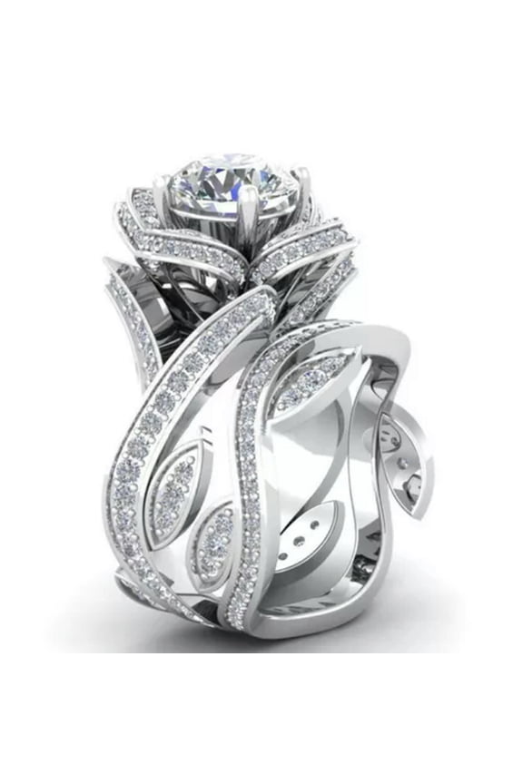 Fashion Women Lotus Flower White Topaz Ring Set 925 Silver Gold Wedding Jewelry-8-White