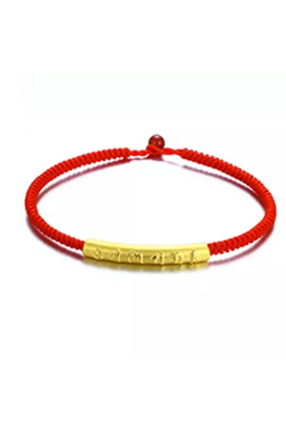 Fine Real 24K Yellow Gold Bracelet 3D Six-word Motto Bead Cord Weave Bracelet-Red String-19cm/7.5inch