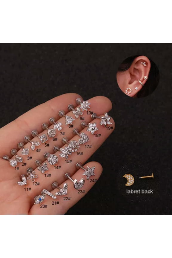 Flat Back Labret Monroe Crystal Tragus Helix Cartilage BAR Screw on Earrings-3#-Gold