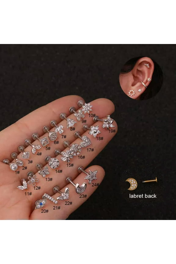 Flat Back Labret Monroe Crystal Tragus Helix Cartilage BAR Screw on Earrings-8#-Gold