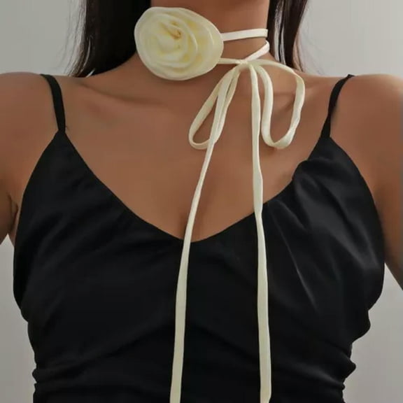 K-KED Flower Choker Necklace Statement Ivory Cream Cord Rosette Necklace