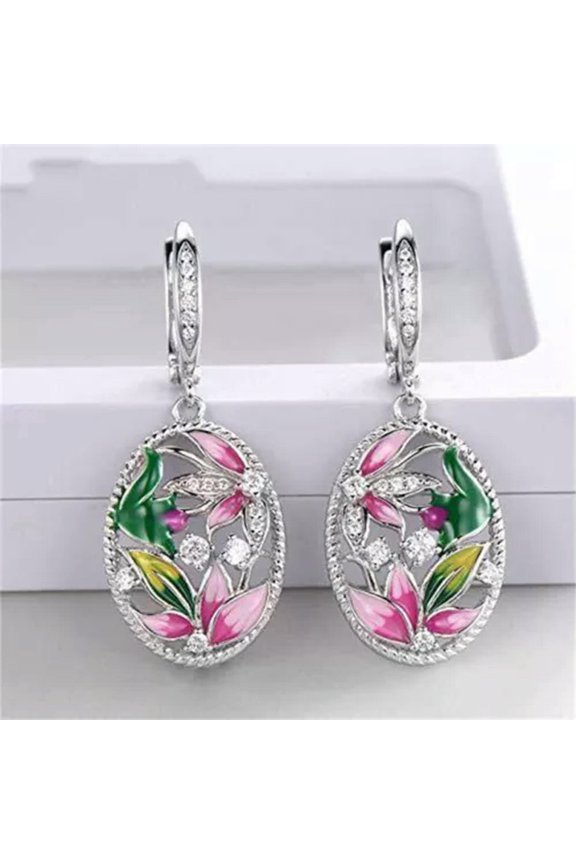 Flower Drop Earrings Gifts Pretty Women Cubic Zirconia Jewelry-Silver