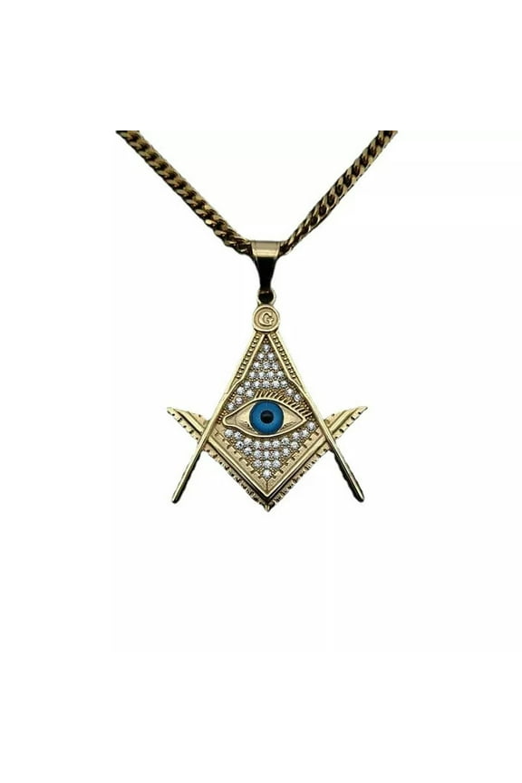 Freemason Masonic Lodge AG Blue CZ Eye of Horus Pendant Necklace Cuban Chain