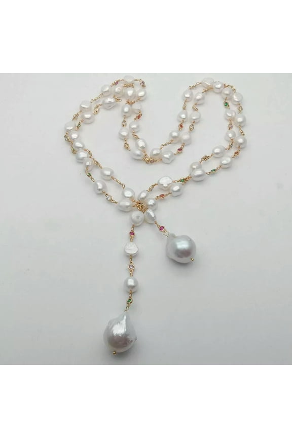 Freshwater White Keshi Pearl Mixed Color Cz Pave Chain Long Necklace 51''