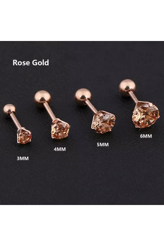 Gem Crystal Tragus Helix Bar Stud Cartilage Top Upper Ear Earring Stud Labret-rose gold-3MM