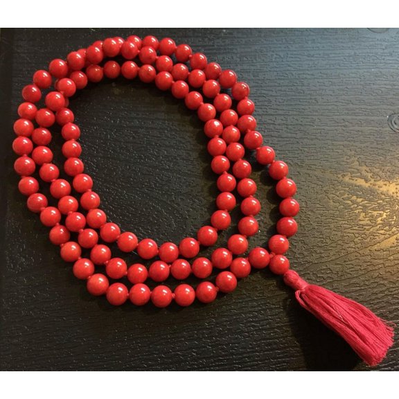 K-KED Genuine 8mm Red Coral 108 Beads Mala Necklace Meditation Yoga