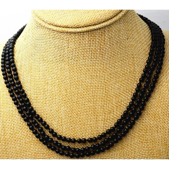 K-KED Genuine Natural 3 Rows 4mm Black Onyx Gemstone Round Beads Necklace 17-19" AAA
