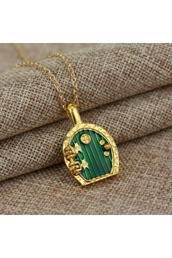 Gold Hobbit Hole, Lord of The Rings Pendant Locket Necklace - Green Door