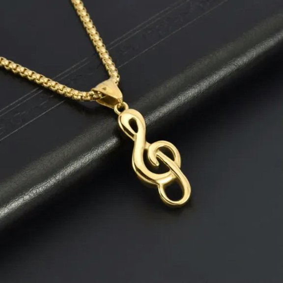 K-KED Gold Music Note G Treble Clef Pendant Necklace with Chain 24" Mens Womens