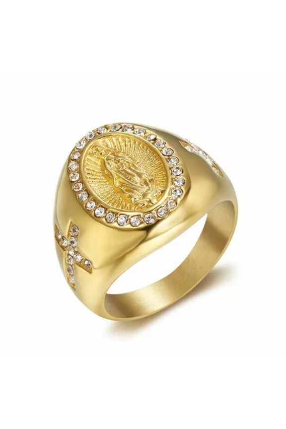 Gold Plated Cross Ring Catholic Virgin Mary Men's Stainless Steel CZ Ring Prayer-9