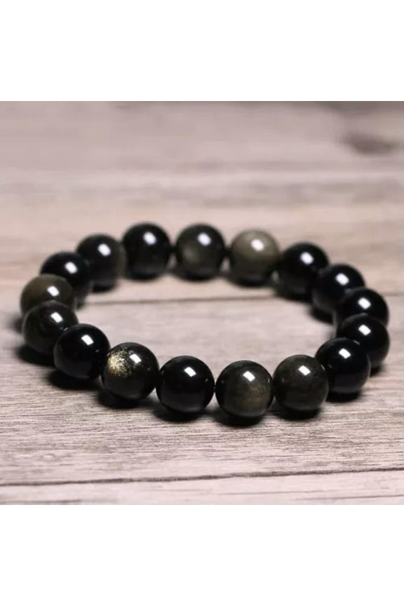 Gold Sheen Black Obsidian 10mm Large Beads Stretchy Bracelet Healing Luck Stone