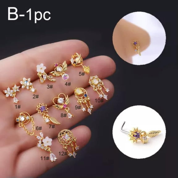 K-KED Gold Silver Nose Stud Piercing Thin Ear Pin Ring Bone End L shape Gem Jewellery-650-Gold-8#