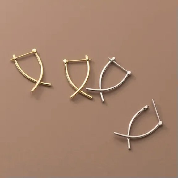 K-KED Gold plated on 925 Sterling Solid Silver Cross Lines Drop Stud Earrings-Gold