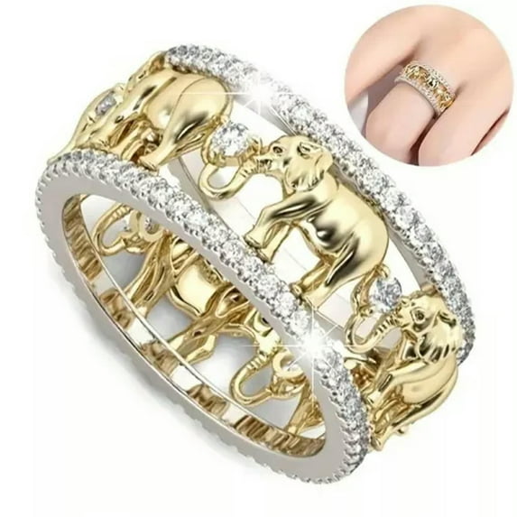 K-KED Golden Elephant Decor Hollow Ring Fashion Animal Ring Zircon Women Gift-#7