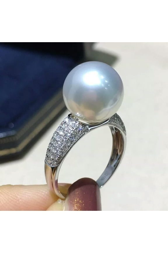 Gorgeous HUGE AAAA 11-10mm ROUND natural south sea White pearl Ring 925s