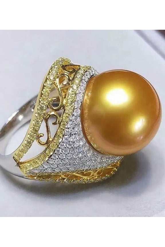 Gorgeous HUGE AAAA 13-12mm ROUND natural south sea Gold pearl ring adjustable