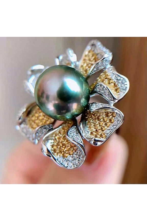 Gorgeous HUGE AAAAA 9-10 mm ROUND natural south sea Black pearl ring 925s