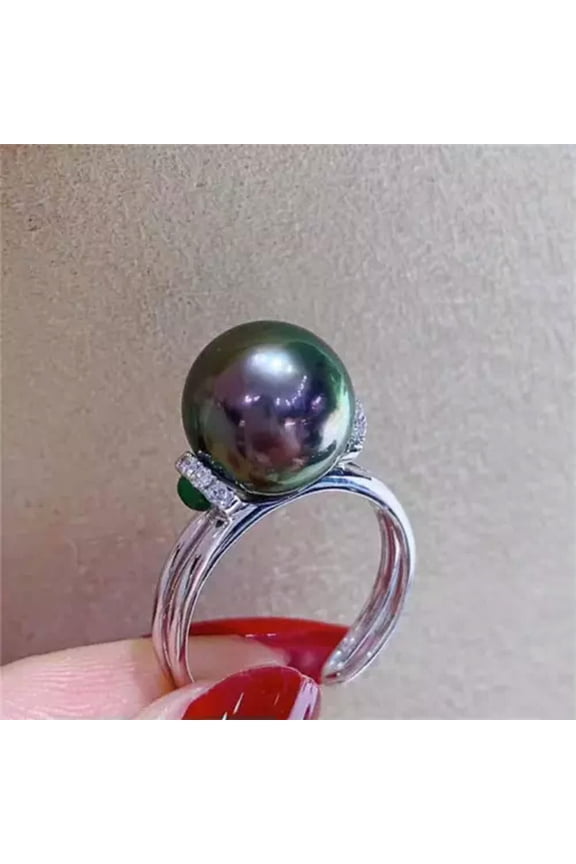 Gorgeous Huge AAA 10-11 Mm South Sea Black Round Pearl Ring 925s-White