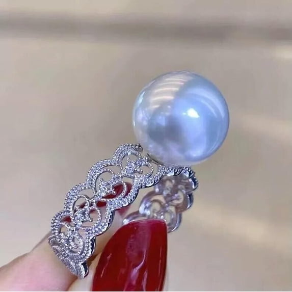 K-KED Gorgeous Huge AAA 10-11mm South Sea White Round Pearl Ring 925s ....