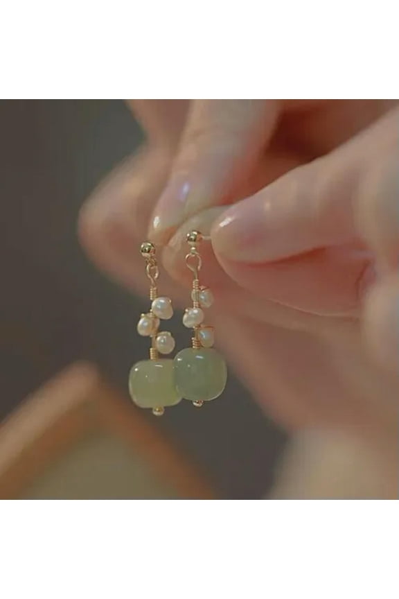 Gorgeous Square Natural Green Jade Pearls Gemstone Gold Plated Stud Earrings-default