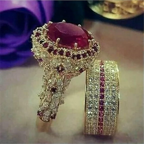 K-KED Gorgeous Women Anniversary Delicate Jewelry Red Cubic Zircon Silver Plated Rings Sz 6-10-Gold #2-7