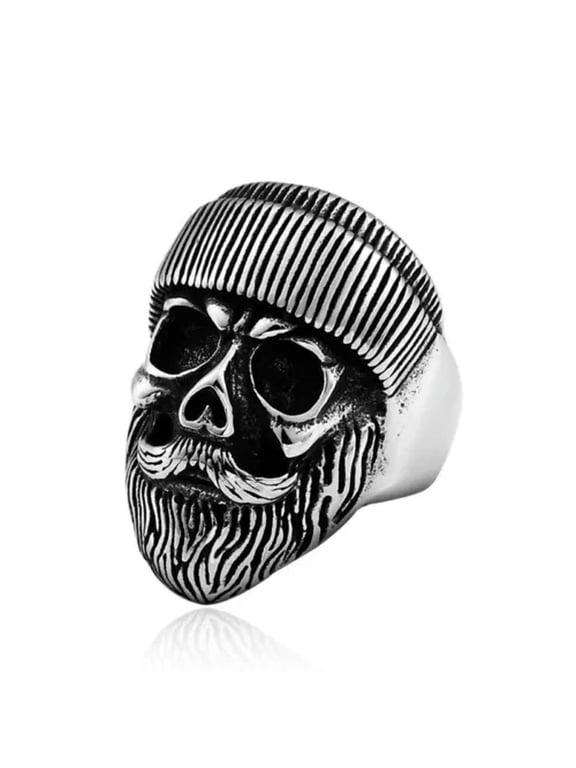 Gothic Big Beard Skull Head Ring Stainless Steel Men's Powerful Biker Punk Ring-12