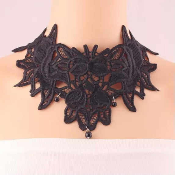 K-KED Gothic Black Lace Choker Necklace Victorian-Inspired Beaded Detail Adjustable-8035