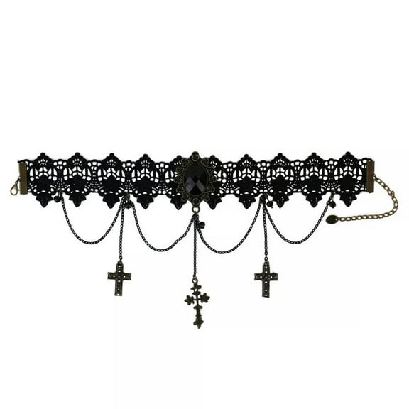 K-KED Gothic Chokers Adjustable Lace Choker Collar Necklace with Crucifix Jewelry-_