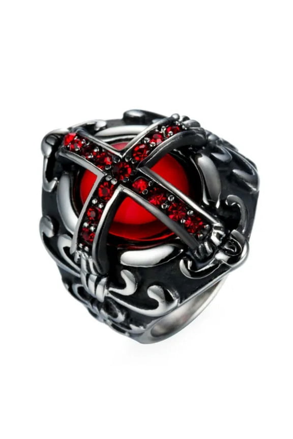 Gothic Cross Vampire Red CZ Blood Ring Stainless Steel Men Crusaders Biker Ring-11