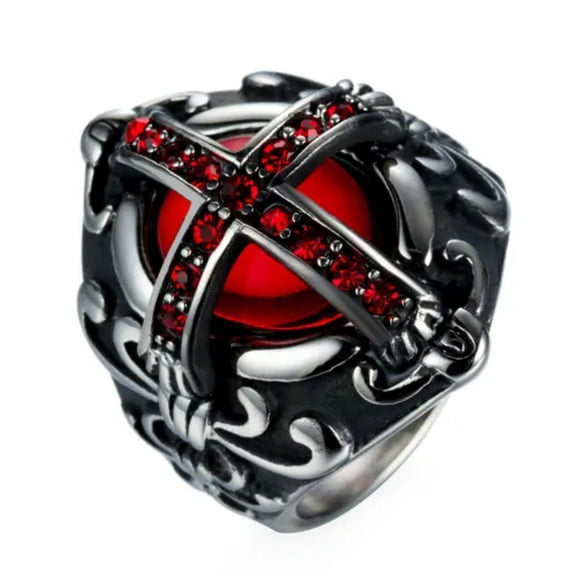 K-KED Gothic Cross Vampire Red CZ Blood Ring Stainless Steel Men Crusaders Biker Ring-15