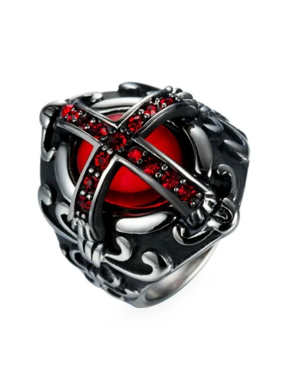 Gothic Cross Vampire Red CZ Blood Ring Stainless Steel Men Crusaders Biker Ring-8