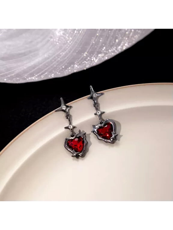 Gothic Irregular Tassel Earrings Fashion Dark Red Heart Star Dangle Earrings-Black