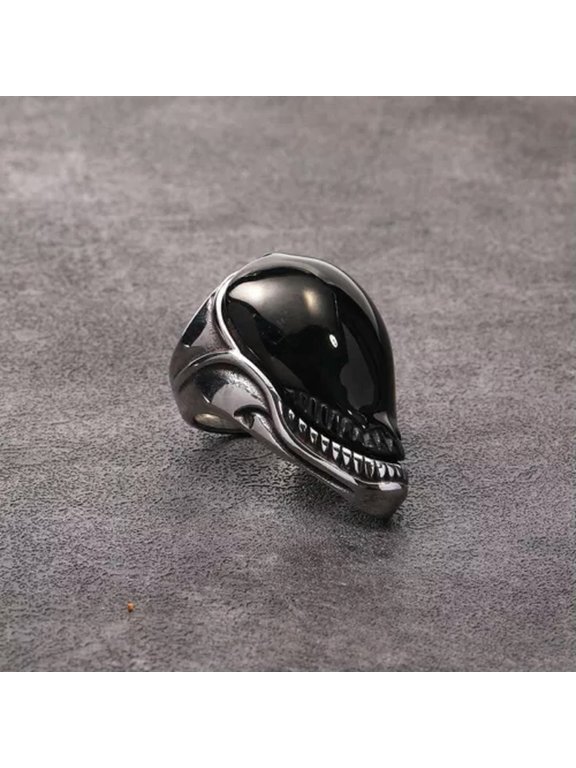 Gothic Openable Alien Skull Ring Stainless Steel Men's Skeleton Biker Punk Ring-10-Silver with Black Top