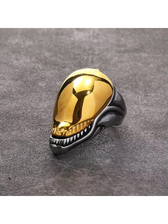 Gothic Openable Alien Skull Ring Stainless Steel Men's Skeleton Biker Punk Ring-11-Silver with Gold Top