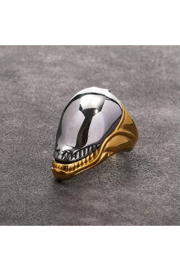 Gothic Openable Alien Skull Ring Stainless Steel Men's Skeleton Biker Punk Ring-13-Gold with Silver Top