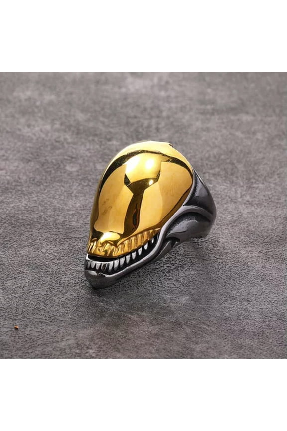 Gothic Openable Alien Skull Ring Stainless Steel Men's Skeleton Biker Punk Ring-13-Silver with Gold Top