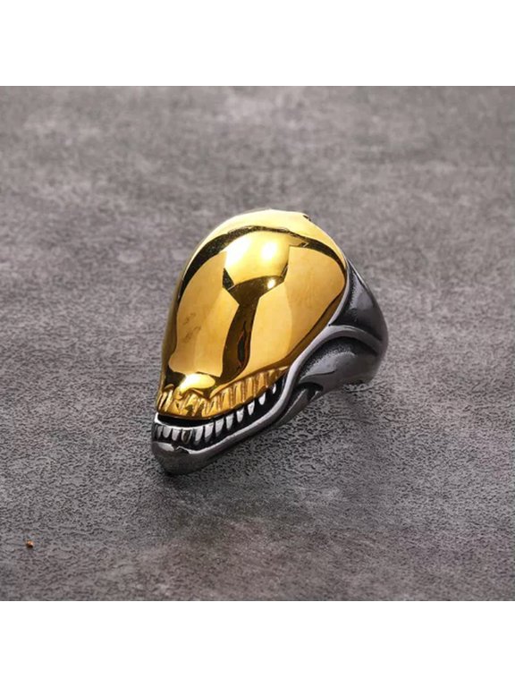 Gothic Openable Alien Skull Ring Stainless Steel Men's Skeleton Biker Punk Ring-8-Silver with Gold Top