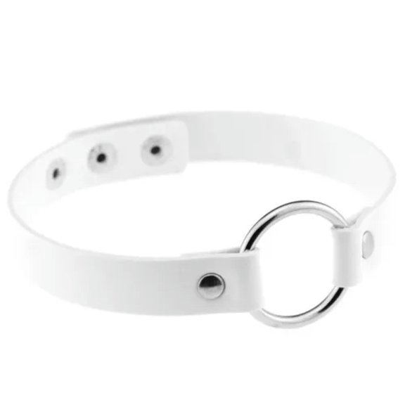 K-KED Gothic Punk White Pu Leather Spiked Rivet O-Ring Collar Stud Choker Necklace-O-Ring 40cm