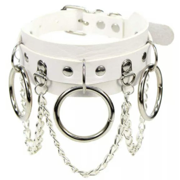 K-KED Gothic Punk White Pu Leather Spiked Rivet O-Ring Collar Stud Choker Necklace-Tassel O-Ring 40cm
